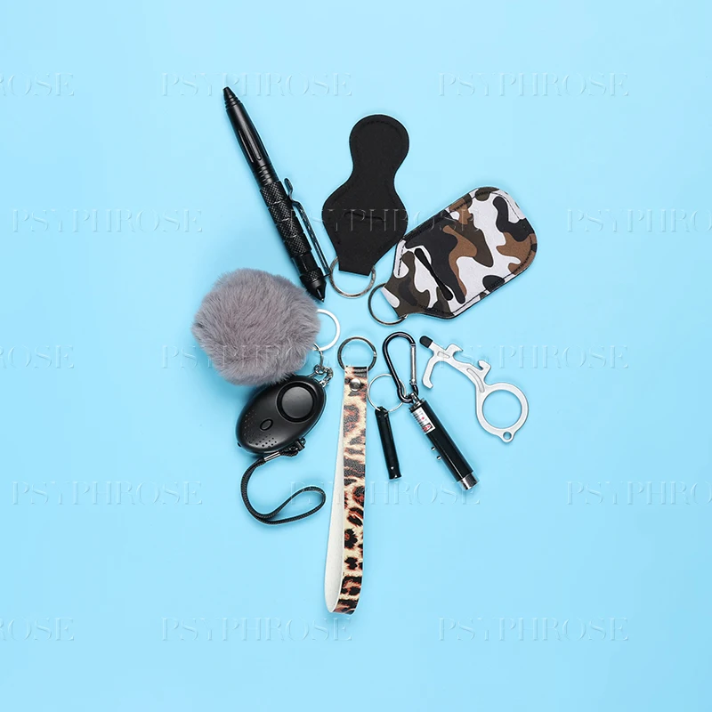 

Custom Logo Personal Safety Survival Key Chains Set Defensive Alarm Pepper Spray Window Breaker Girl Self Defense Keychain