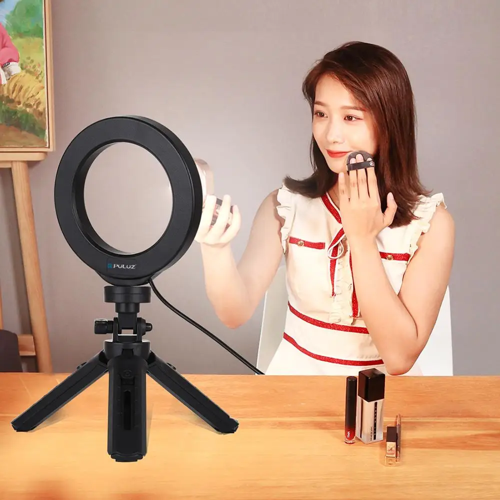 

Selfie Ring Light with Desk Tripod Stand 360-degree Rotatable Ball Head Stabilizer Dimmable USB Ring Light Photography Streaming