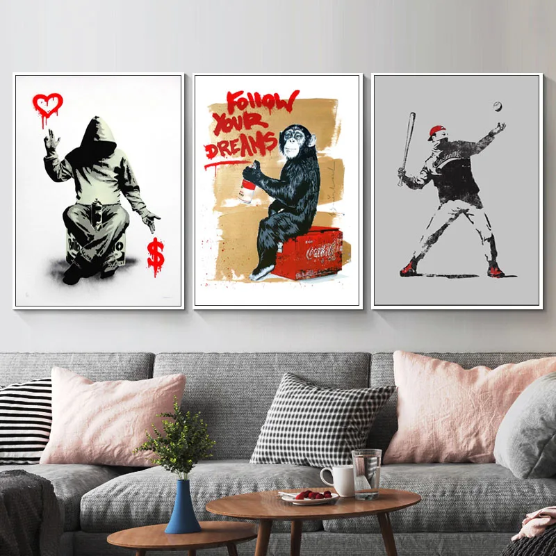 

Banksy Follow Your Dreams Canvas Art Posters Abstract Monkey Oil Paintings on Canvas Graffiti Art Street Pictures Home Cuadros