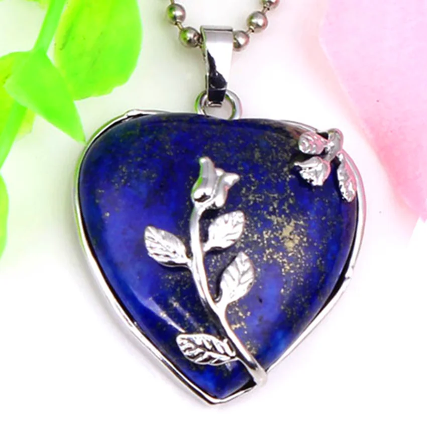 

100-Unique Romantic Style 1 Pcs Silver Plated Love Heart Leaf Flower Lapis Lazuli Pendant Valentine's Day Gift