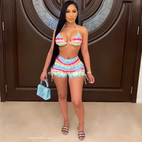 sexy tie dyeing print bikini two piece set lace up bra top biker shorts summer vocation beach outfits female co ord suit hot