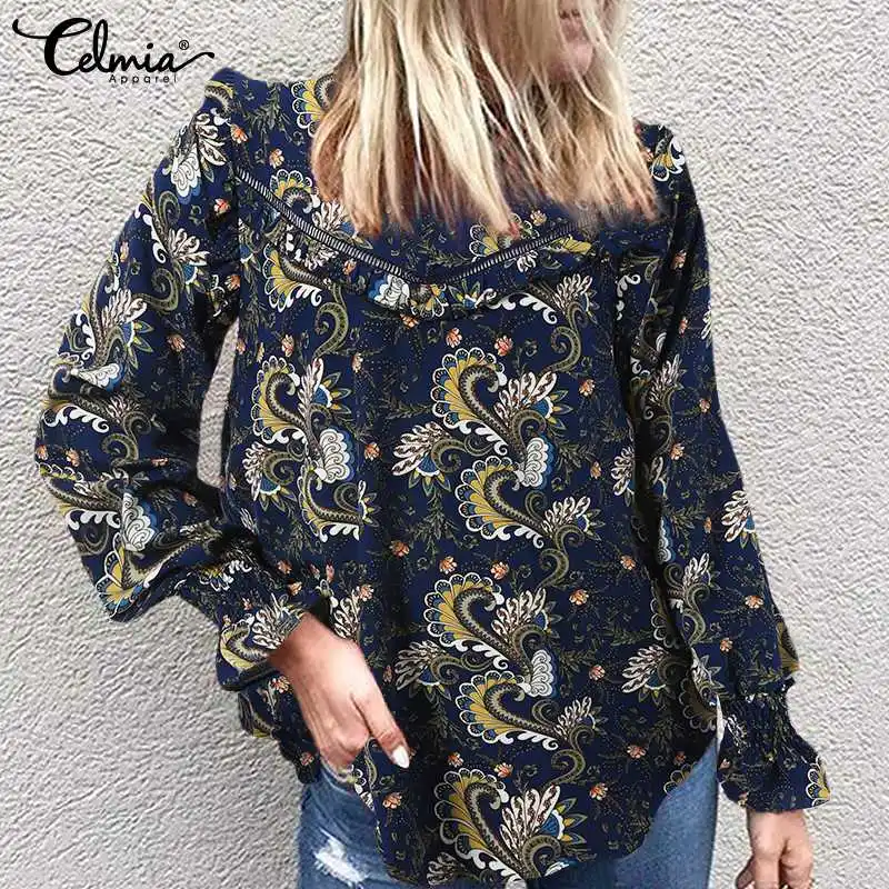 

2022 модные блузки Celmia со складками, Женская Повседневная Туника с манжетами и цветочным принтом, винтажные блузки с длинными рукавами-фонари...