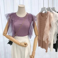 feme 2022 summer vintage ruffles knitted shirt women pullovers butterfly sleeves streetwear elegant slim tops tees clothes