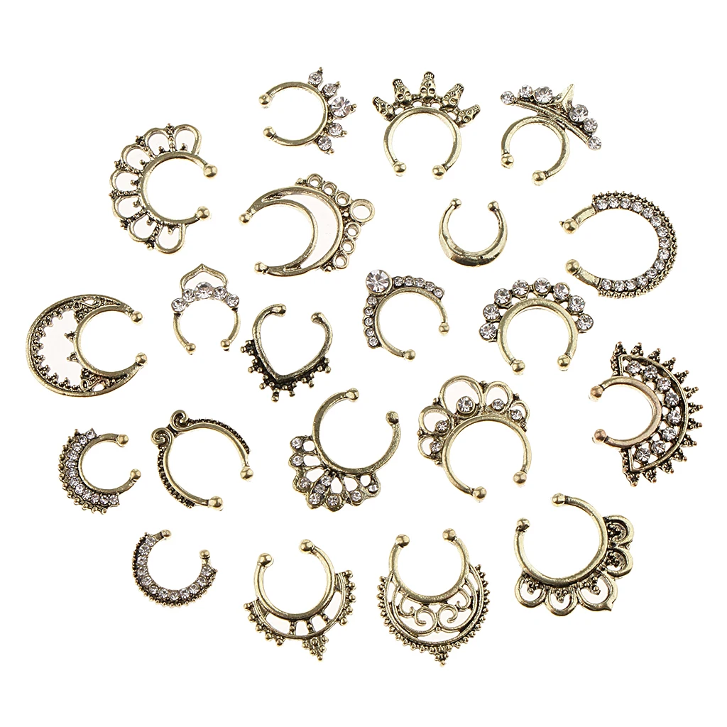 21pcs Nose Fake Septum Ring Clip On Body Jewelry Faux Hoop Ring Rhinestone