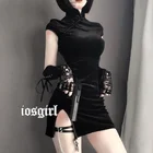 Diablo Детский жакет из денима для девочки; Стиль одежда юбка с высокой талией с коротким рукавом подолом и Разделение панк китайские фабричные бархатные пикантные Cheongsam юбка с завышенной талией платье для похудения