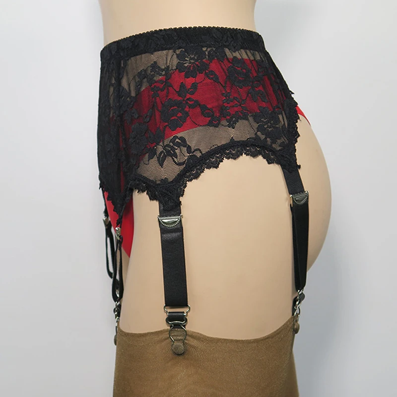 Sexy Black Mesh Garter Belt Lace Embroidery Transparent Suspender 6 Straps Metal Clip for Women Stockings Leg Harness