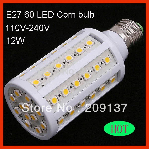 

Free shipping 12W 1200LM 60-LED Corn light bulb E27 360-degree led lighing Daylight lamp warm cold white 240V 220V 110V