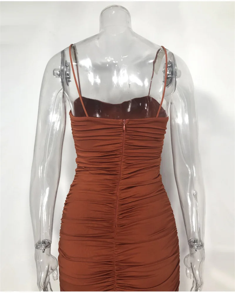 

Women's Sexy Ruched Cocktail Party Midi Bodycon Dress Elegant Spaghetti Strap Sleeveless Long Dress Black Brown