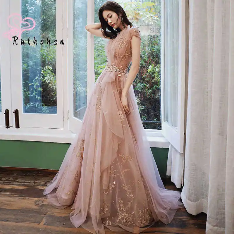 

Pink Vestidos Elegantes Para Mujer 2021 New Lace Prom Dresses Long Cap Sleeves Fashion Women Formal Occasion Vestido De Festa