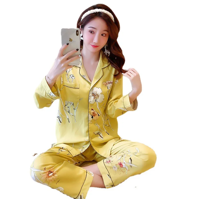 

Sleepwear 2021 Spring Lady Printed Pajamas Cotton Flower 2PCS Shirt&Pants Lapel Sleep Set Nightwear Casual Home Clothes Pyjamas