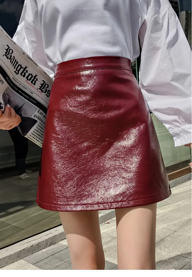 Женская юбка-трапеция из лакированной кожи с высокой талией | одежда