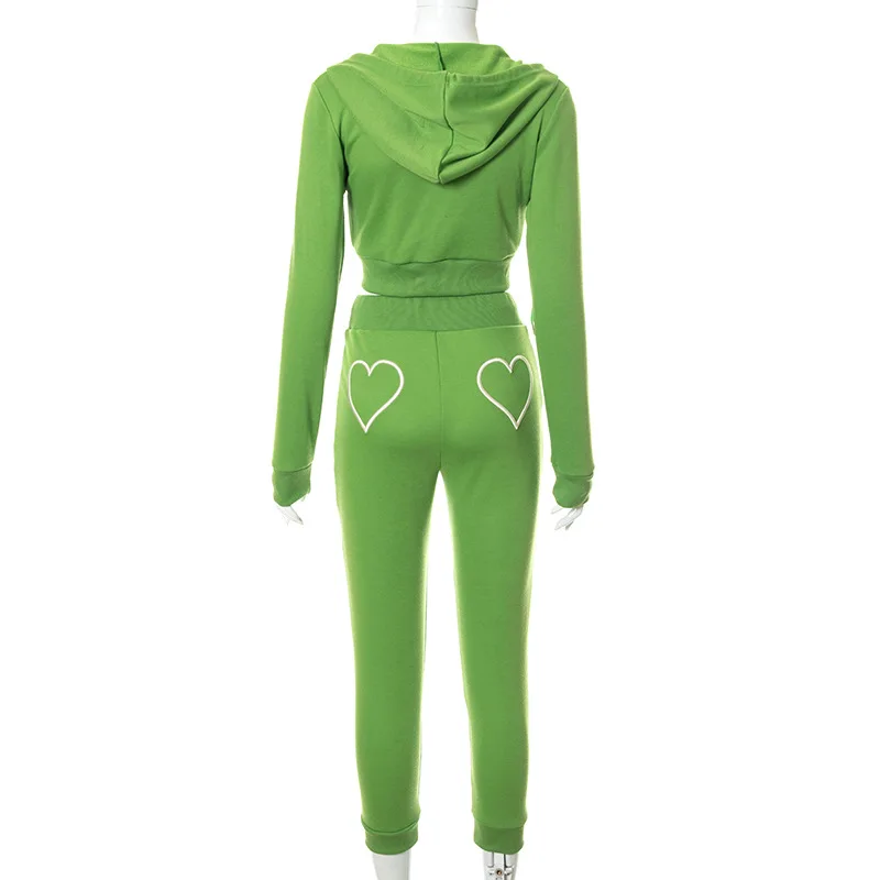 

Duena Bodycon Zip Up Two Piece Sweatshirt Green Autumn Moman Long Sleeve LOVE Print Drawstring Streetwear Crop Top Hoodie