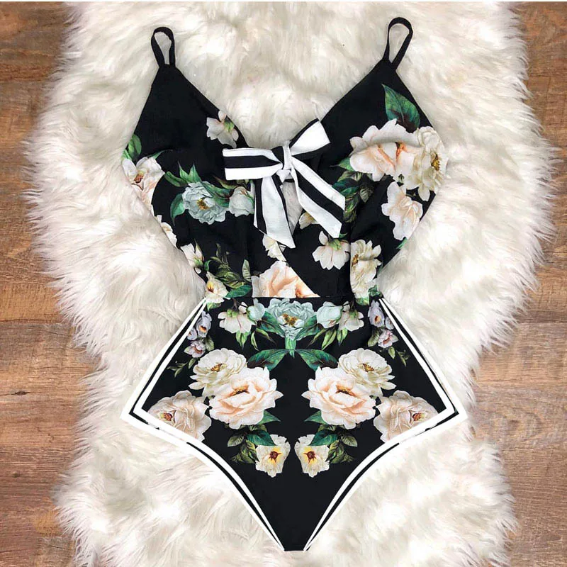 Blackfloral Новинка, сексуальный цельный купальник, женский купальник, пуш-ап, монокини, бандаж, купальник, купальник, пляжная одежда для женщин - Цвет: Blackfloral
