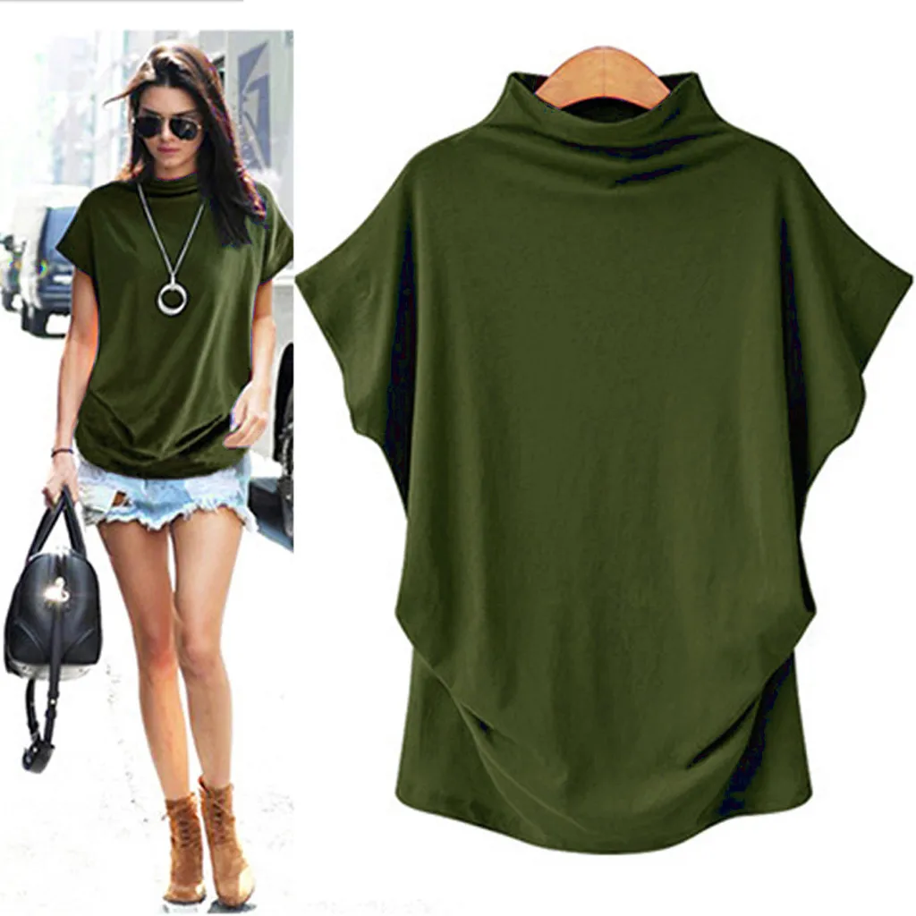 Women Plus Size Shirt Summer Tunics Korean Blouses Casual Turtleneck Loose Short Sleeve Solid Shirts #YJ |
