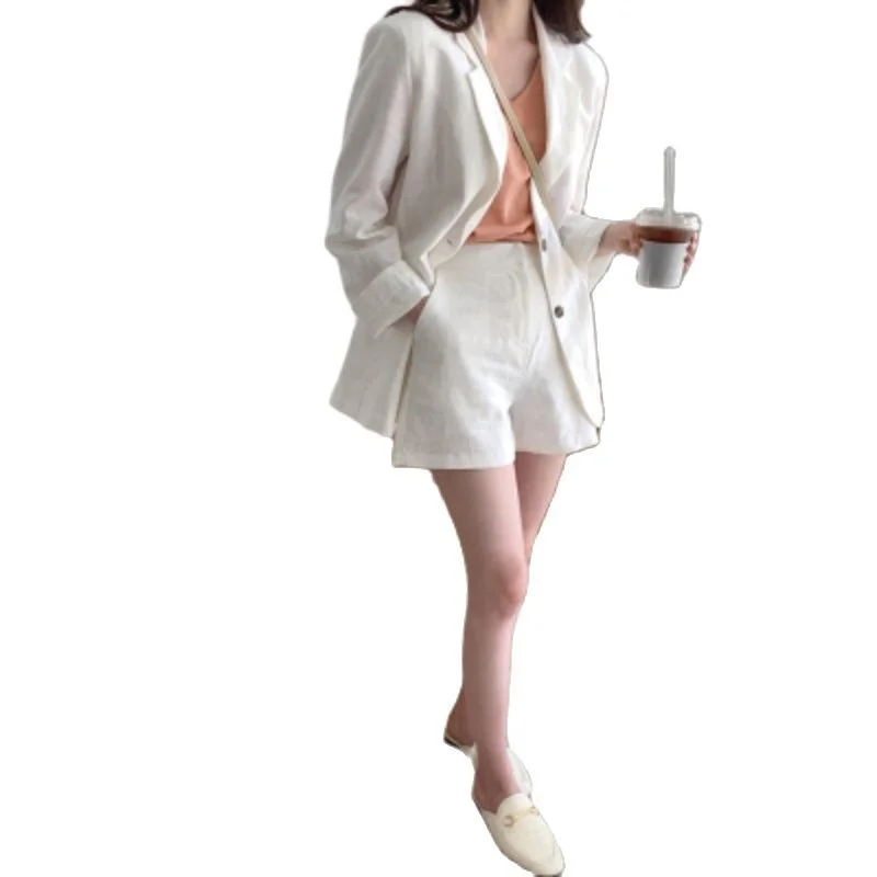 

Korean Fashion Linen Two Piece Blazer Sets Women Long Sleeve Blazer + Shorts Suits Outfits Casual Elegant Office Ladies Set 2020