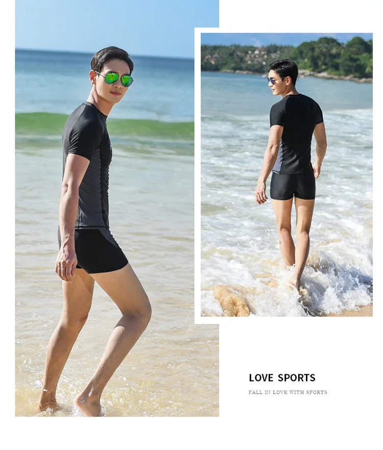 New Men's Swimwear Suit Short-sleeved Shirt Boxer Swim Trunks Loose XL Split Swimwear Quick-drying