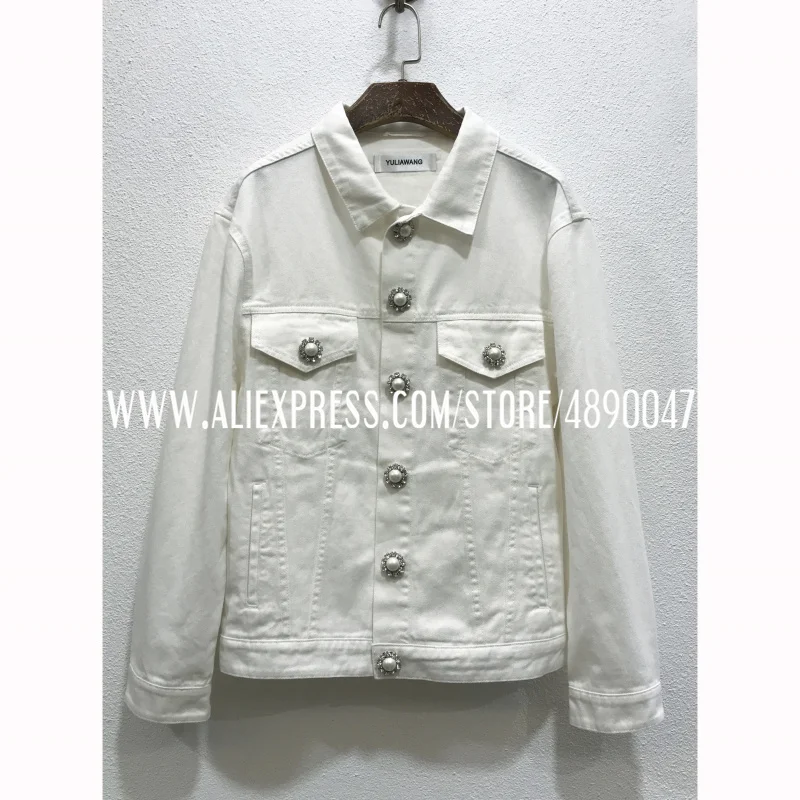 

Fall 2021 women's long-sleeved denim jacket with diamonds pearl buttons high-quality loose drop-shoulder casual jacket