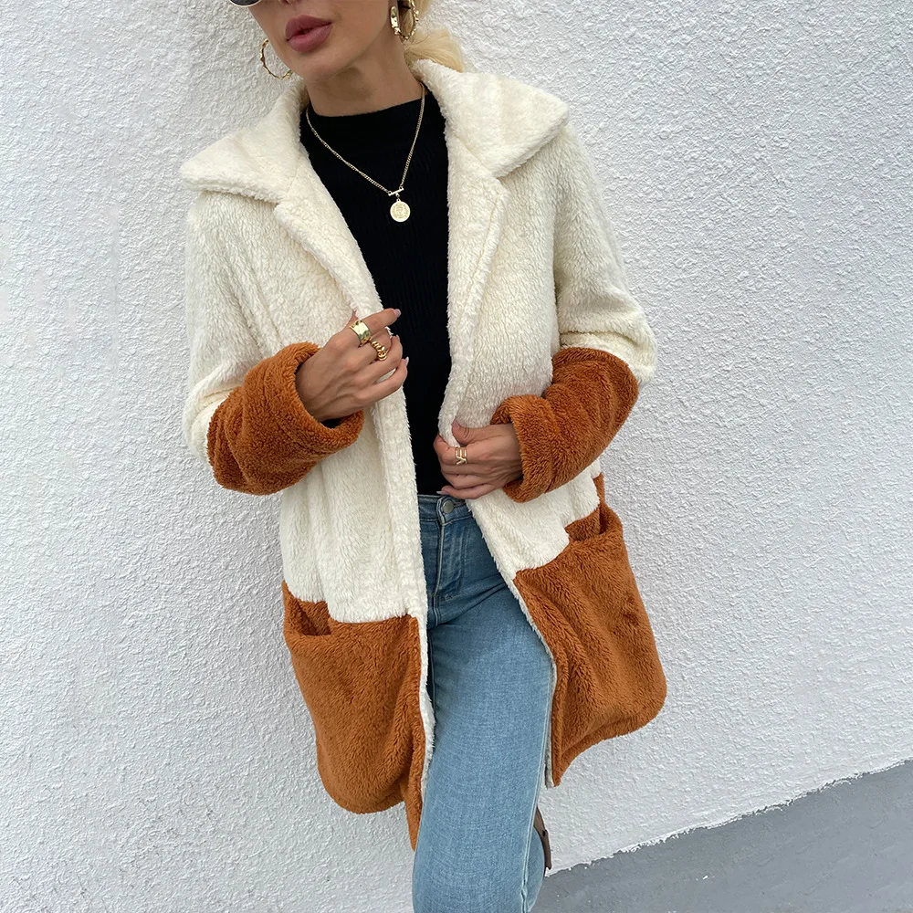 

Женская двухсторонняя флисовая куртка, Модный стильный шерстяной свитер с отложным воротником и большими прорезьями, осень/зима