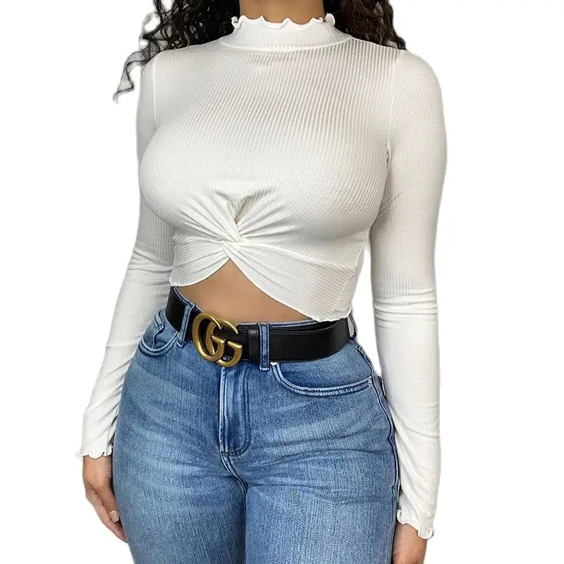 

Женские сексуальные топы, осенняя Повседневная Женская водолазка с длинным рукавом, узкий облегающий топ с завязками, белый женский топ