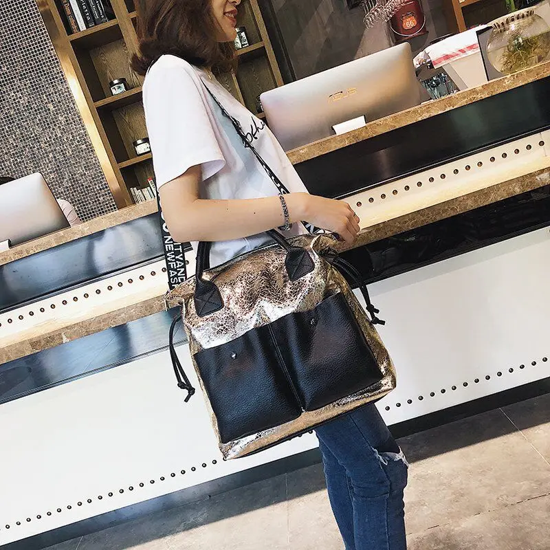 

New casual large-capacity tote bag fashion messenger burst crack handbag pu retro ladies shoulder messenger bag