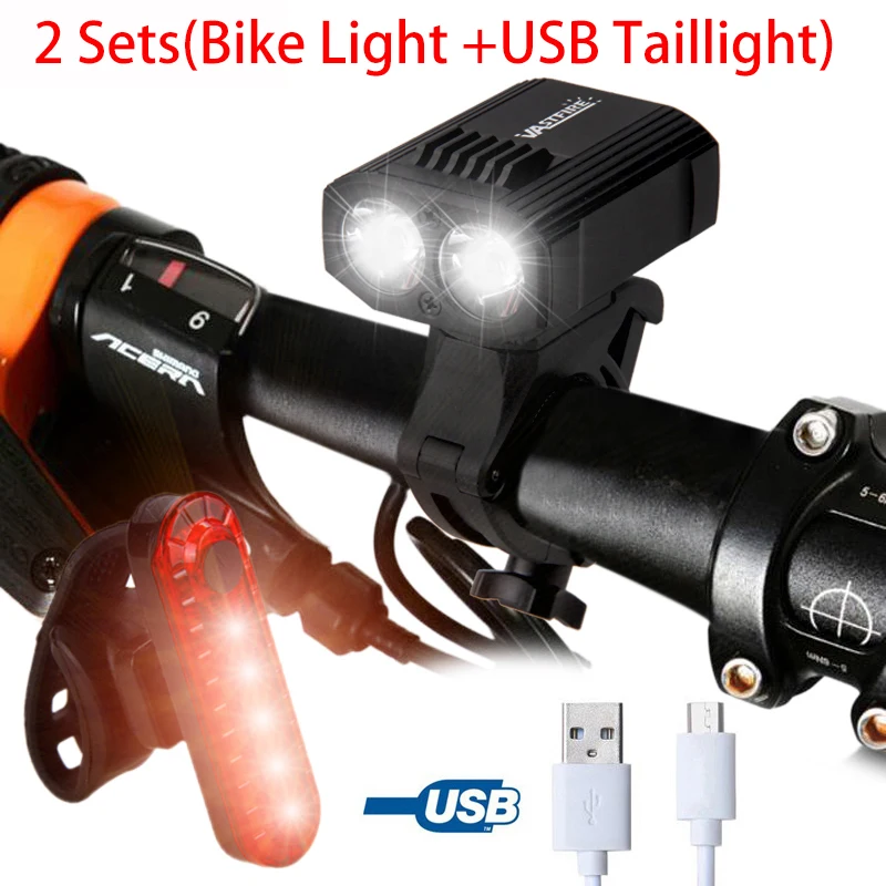With USB Taillight 2 шт./компл. Водонепроницаемый передний велосипедный Фонари 1200 люмен велосипед светодиодный головной светильник USB Перезаряжаемые велосипед светильник 5 режимов Велоспорт вспышки света светильник - Цвет: With USB Taillight