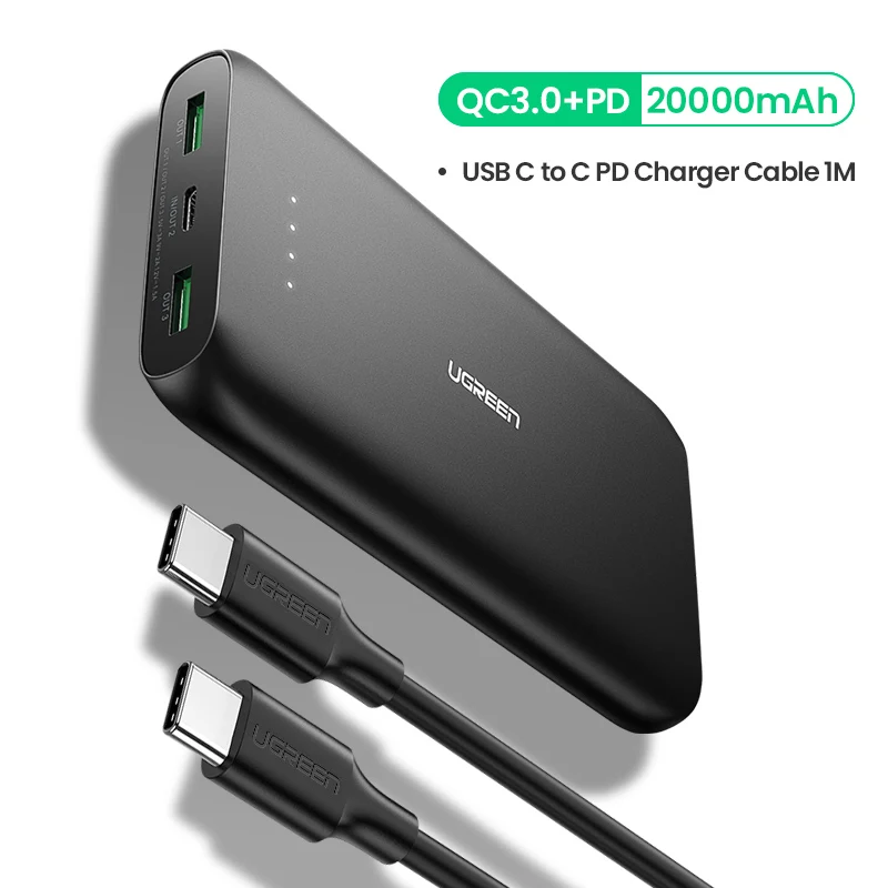 with c to c cable Ugreen внешний аккумулятор 20000 мАч, быстрое зарядное устройство для телефона, быстрая зарядка 4,0 QC3.0, портативный внешний аккумулятор для iPhone 11, XiaoMi PD, внешний аккумулятор - Цвет: with c to c cable