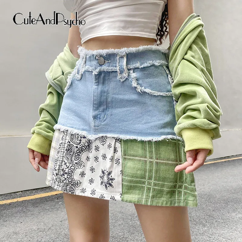 

Streetwear Female Fairycore Denim Skirts Vintage Patchwork A-Line Clothes Y2K Fashion Aesthetic Outfits Harajuku Cuteandpsycho