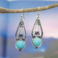 personality inlaid turquoise drop shaped flower womens earrings creative retro gothic plated 925 silver jewelry wholesale