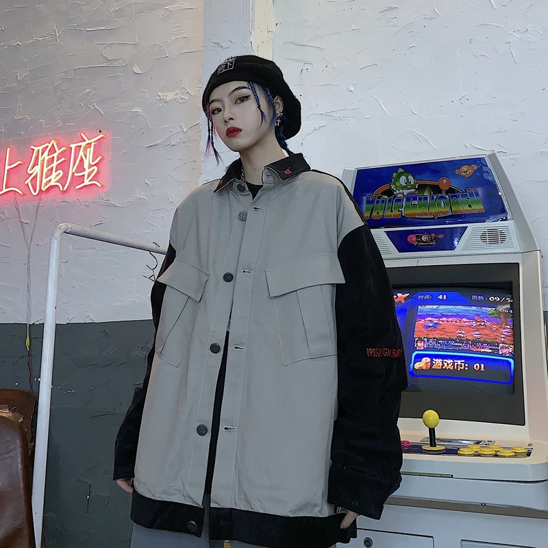 

RHYMONSTER Double Colors Patchwork Big Pockets Jackets Mens Hip Hop Letter Embroidery Jacket Fashion High Street Loose Jackets