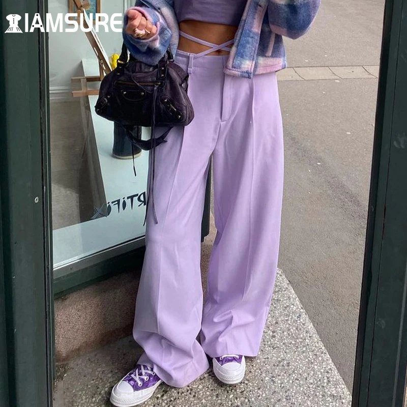

IAMSURE Loose Solid Bandage Suit Pants Casual High Waisted Wide Leg Pantts Women 2021 Fashion Streetwear Baggy Oversize Trousers