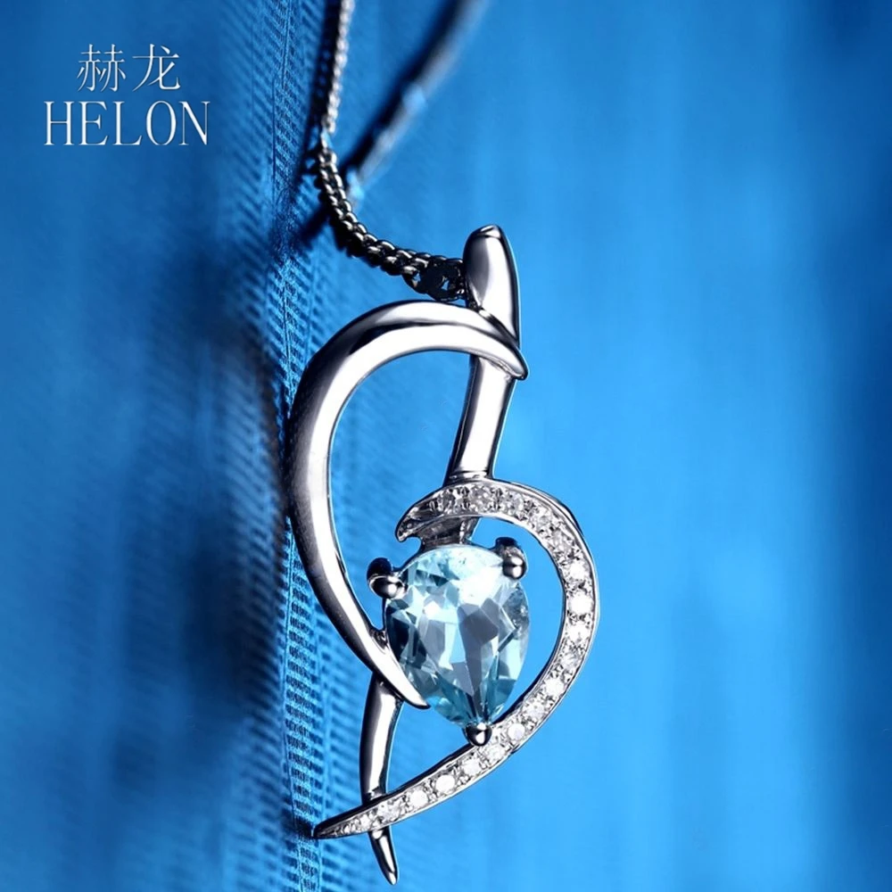 HELON Solid 14K белое золото груша 1.56ct натуральный, небесно-синий топаз и Алмаз Кулон помолвка свадебные женские ювелирные изделия кулон