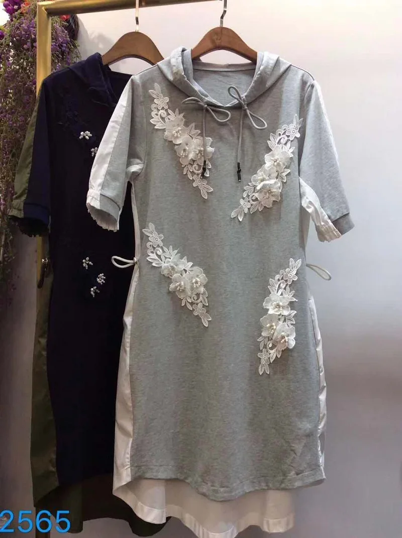 

Hooded Dress 2020 Spring Summer Casual Fashion Ladies Appliques Flower Embroidery Beading Deco Short Sleeve Grey Dark Blue Dress