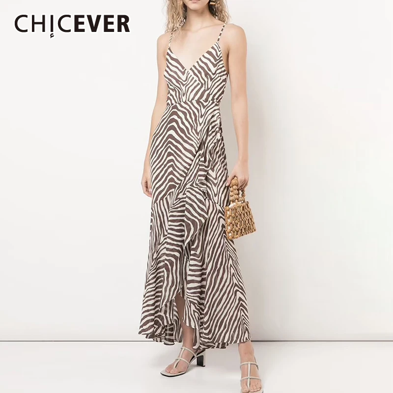 

CHICEVER Zebra Hit Color Dress For Women V Neck Sleeve High Waist Loose Mid Dresses Females Fashion Clothing 2021 Fashion Style