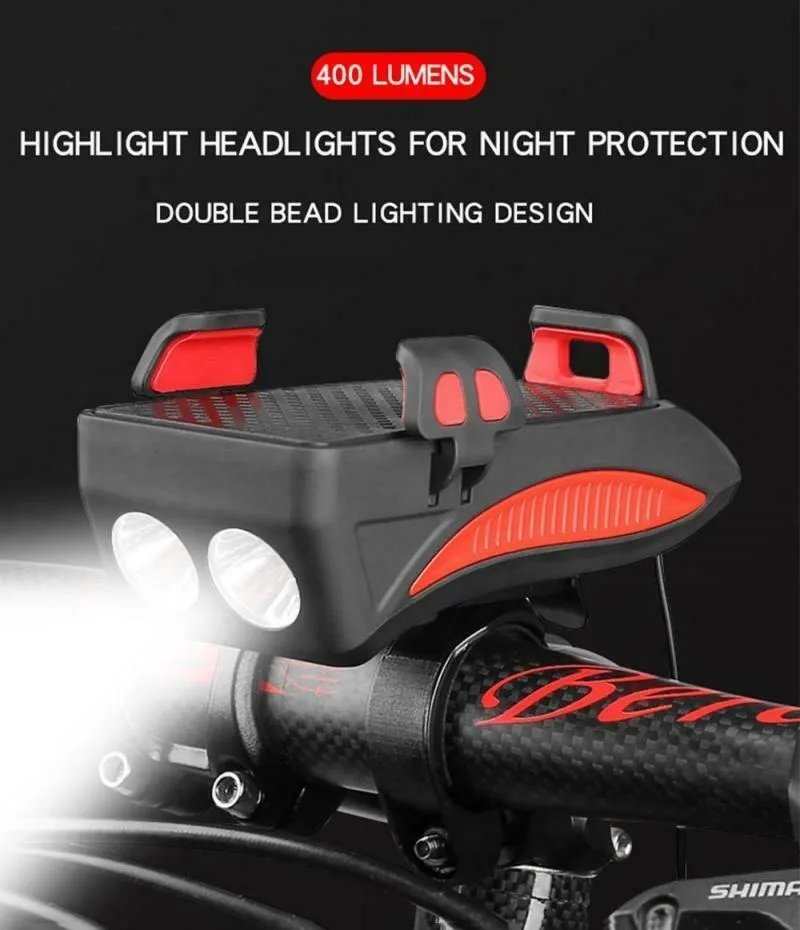bicycle front light mobile phone base 400 lumens flashlight led light multifunctional 4 in 1 bicycle horn bracket power bank free global shipping