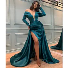 Green Satin Off the Shoulder Long Sleeves Evening Dresses High Side Slit Detachable Train Mermaid Prom Gowns Vestidos De Fiesta (4)