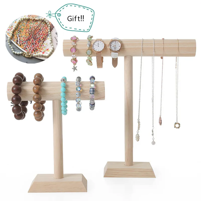 Wooden Bracelet Chain Watch T-Bar Rack Jewelry Hard Display Stand Holder Jewelry Organizer Hard Display Stand With Free Necklace genboli velvet jewelry t bars rack organizer hard stand holder bracelet chain watch necklaces jewelry display packgaing fashion