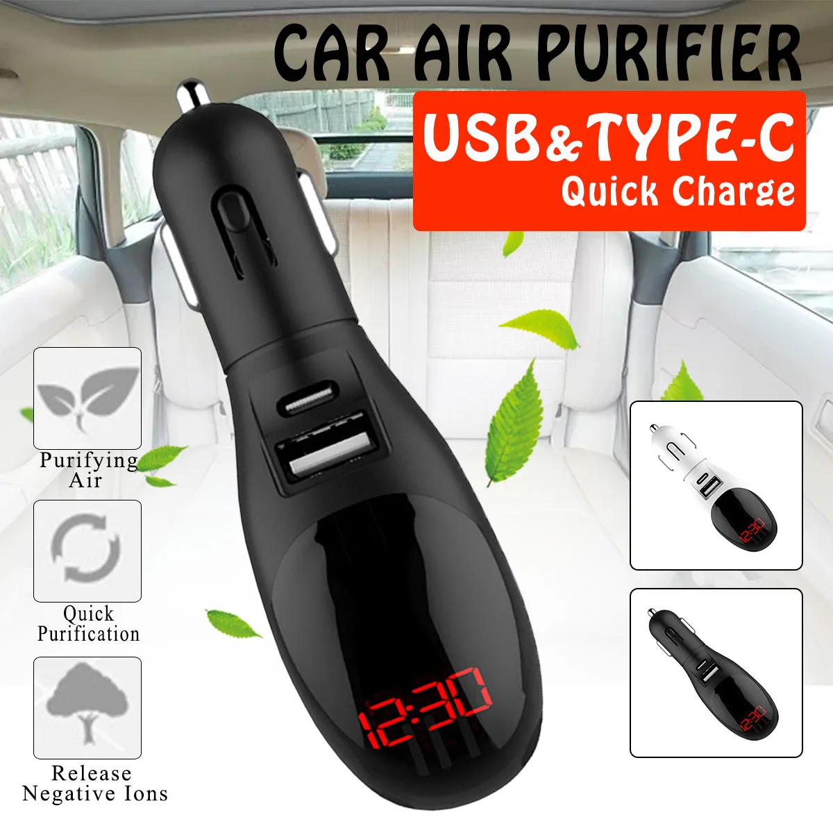 

Portable Mini Car Air Purifier Negative Ion Purifier Digital Display Screen Formaldehyde Removal Remove Car Odor