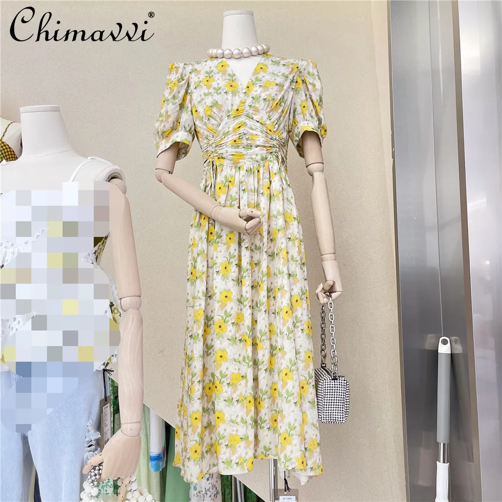 

Women Elegant Fashion Chiffon Floral Print Long Dress 2021 Summer Drawstring Waist-slimming Short Sleeve Dress for Female