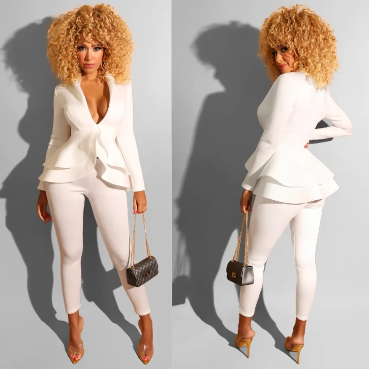 

Solid Color Deep V Neck Business Suit Ruffles Long Sleeve Tops Pencil Pants 2 Piece Set Elegant Tracksuit Autumn Office Lady