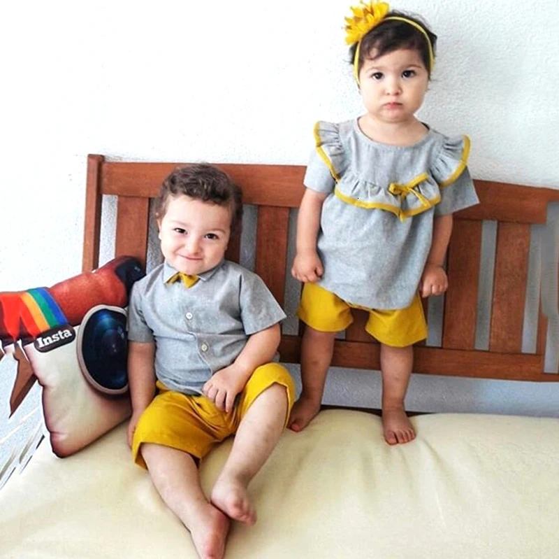 Комплект одежды для малышей, футболка с надписью «Big/Little Sister Brother» и шорты Одинаковая одежда для семьи летняя семейная одежда, однотонные футболки, От 0 до 3 лет