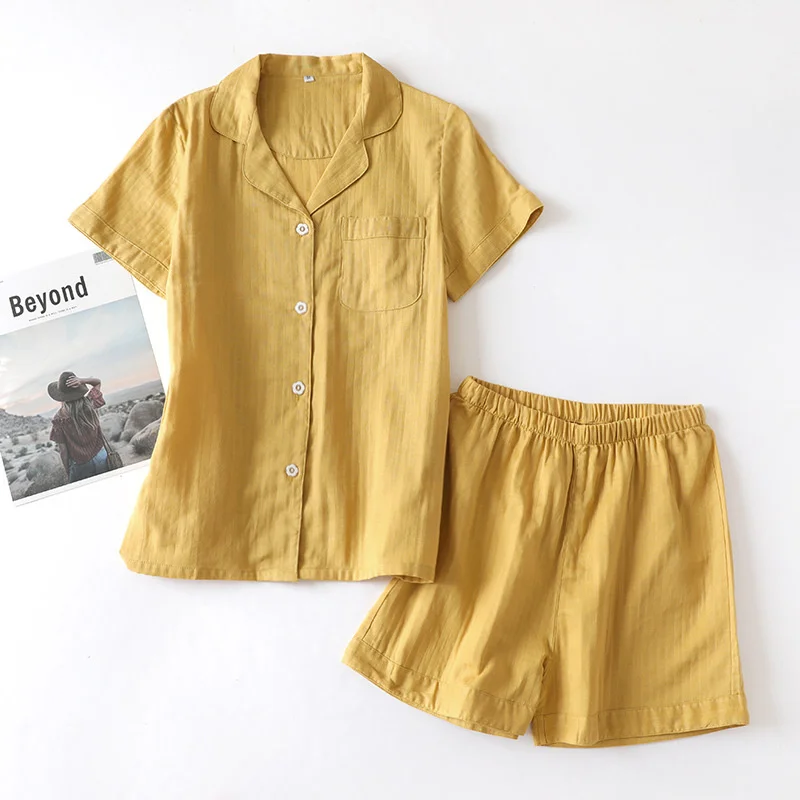 

New Japanese-style summer couple pajamas men and women cotton gauze thin short-sleeved shorts home service cardigan suit loose t