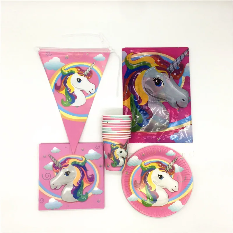 

81pcs Unicorn Disposable Tableware Disposable Plate Cups Unicorn Birthday Party Tablecloth Decorations Flags Kids Party Supplies