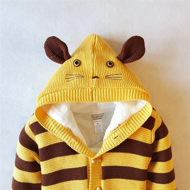 

Newborns Hooded Knitting Romper Cartoon Ears Boys Girls Striped Winter Thicken Warm Long Sleeve Jumpsuit Baby Clothes 0-18M A20