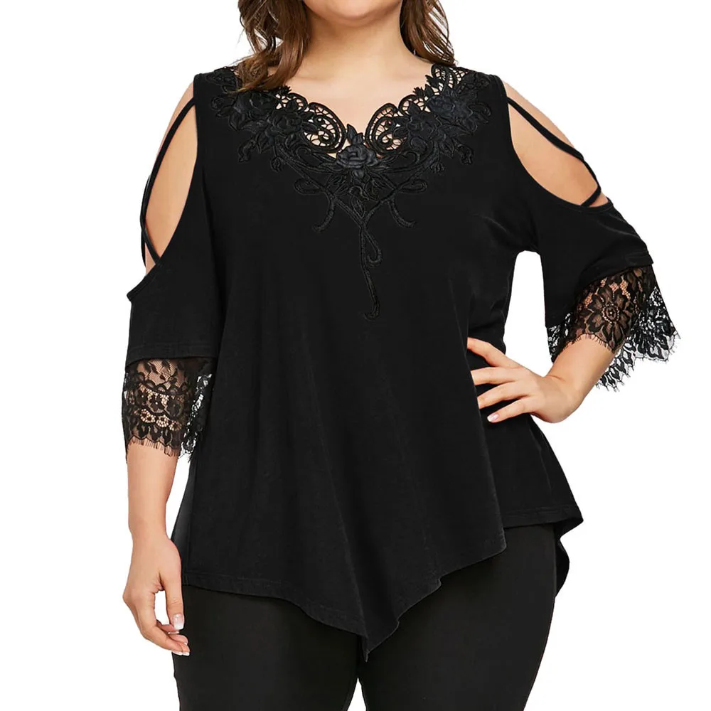

5XL Big Size Summer Cold Shoulder Shirts Fashion Womens blusas Plus Size Lace Trim V Neck Cold Shoulder Strapless Tops Blouse A2