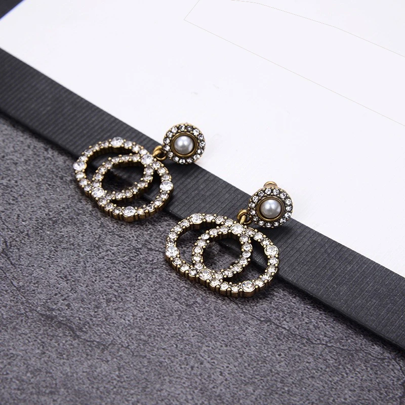 

2021 New Fashion Design Letter G Home Rhinestone Earrings Vintage Style Luxury Brand With Logo Ins Popular Product