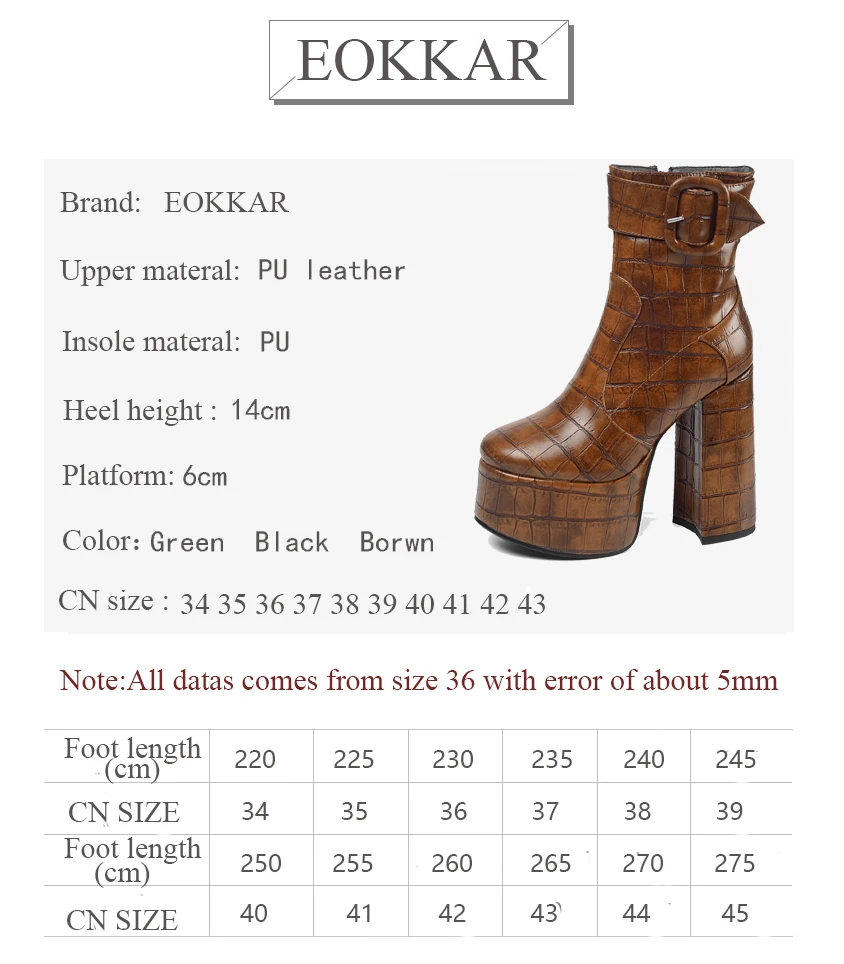 

Eokkar 2020 14CM High Heel Winter Shoe Women Bucke Decoration Round Toe Thick Heels Ankle Boots Ladies Platform Shoes Size 34-43