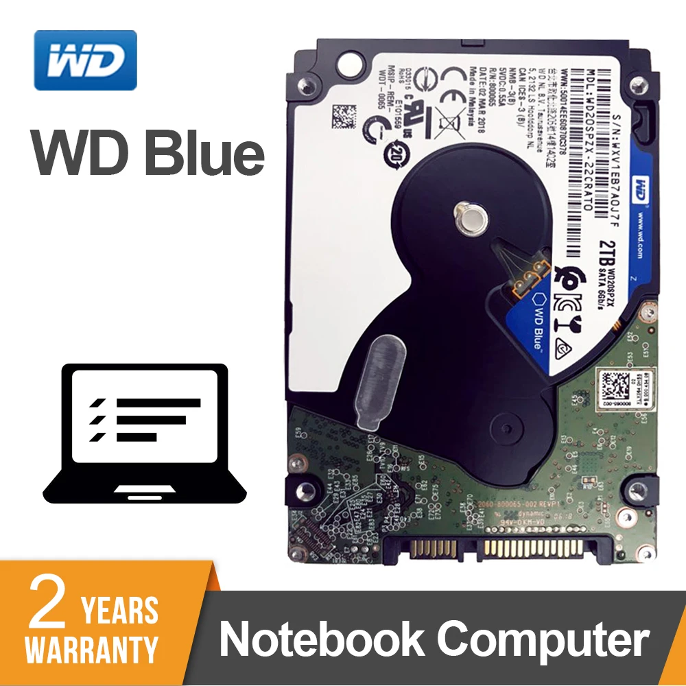 

Жесткий диск WD Blue 2 ТБ 2,5 дюйма, 5400 об/мин, SATA 6, ГБ/сек., 128 Мб кэш-памяти, 2,5 дюйма, для ноутбуков, ноутбуков, WD20SPZX
