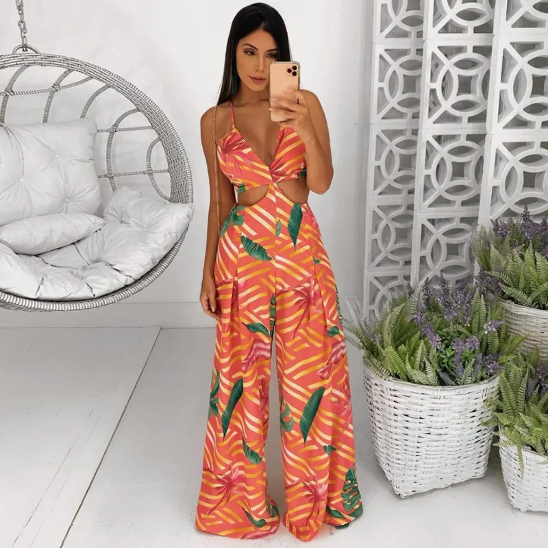 

Fashion Women's Jumpsuit New Summer Casual Hot Sale V-neck Pullover Printing Sexy Hollow Open Back Wide-leg Jumpsuit Donsignet