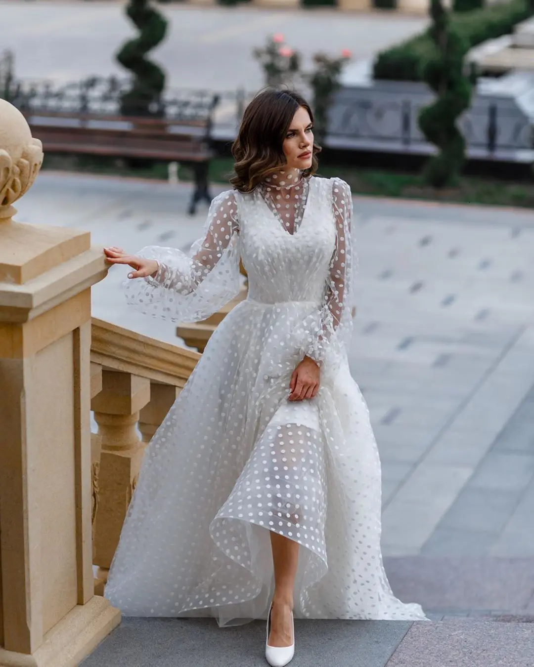 BacklakeGirls/Белое Тюлевое вечернее платье трапециевидной формы с высоким воротником