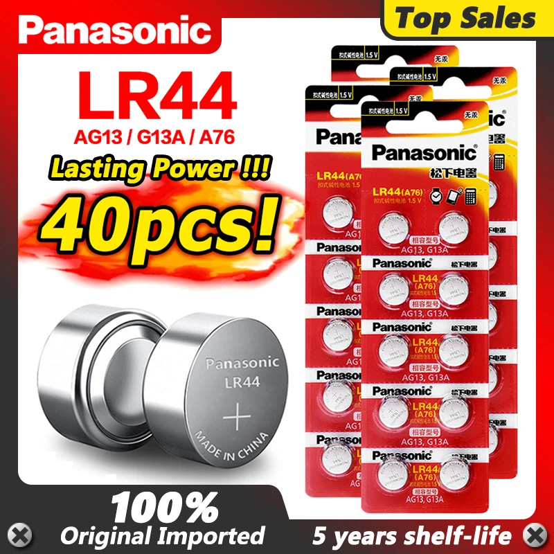 

Panasonic 100% оригинал 40 шт/4 упаковки 1,5 В LR44 Кнопочная батарея AG13 LR1154 357A SR44 A76 G13A щелочные батарейки для монет